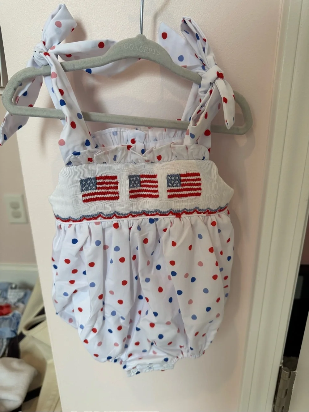 Smocked Polka Dot Baby One-Piece Romper in White with Red & Blue
